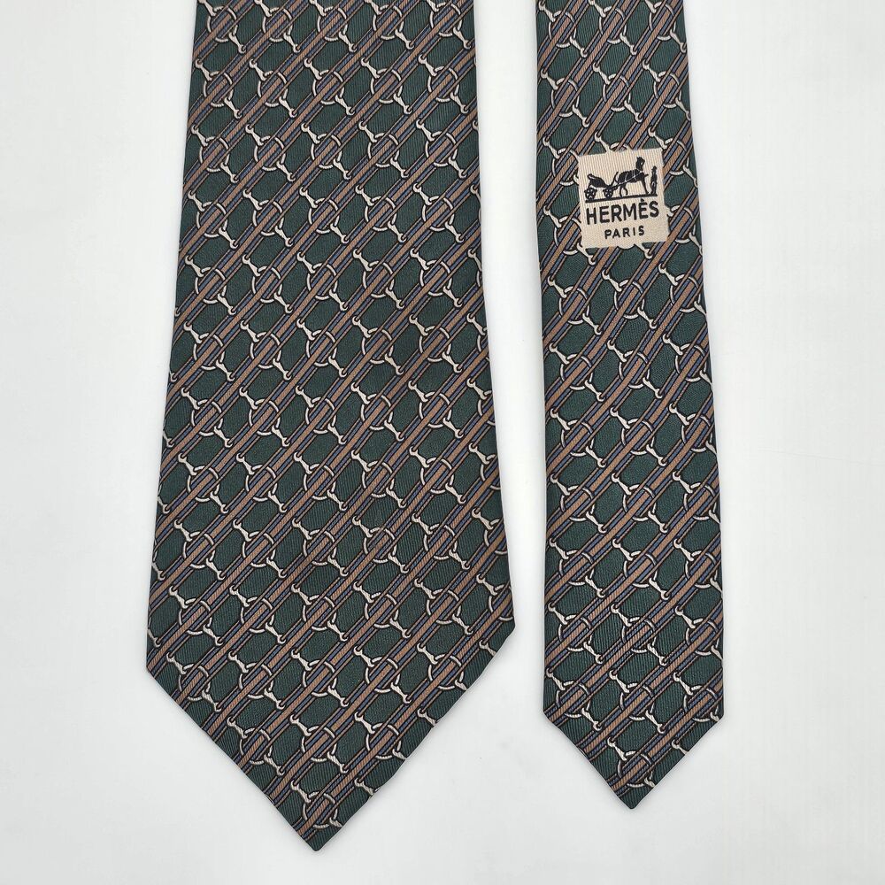 Vintage Hermes Paris Silk Necktie Equestrian Bridle Neiman Marcus 803 MA Green
